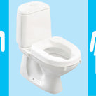 A stick man (to the far left of the image) and woman (to the far right of the image) are on a blue background. In between the two images is a white toilet, that has a raised toilet seat on it