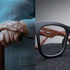 An image split into two halves. On the left hand side of the images is a close up of a woman's hands holding a walking stick. On the right hand side is a pair of black and brown glasses