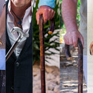 5 thin images montaged together of people holding different walking sticks – each picture is a close up of hands holding the top of a walking stick 