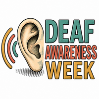 Modern Deaf Awareness Week logo featuring a hand-drawn ear with colourful sound waves and bold text