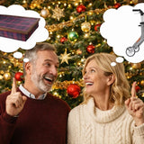 A man and woman looking at each other with thought bubbles on good Christmas present ideas