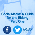 Blue tinted background of an elderly person using a laptop with the text 