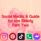 A pink tinted background of an elderly couple using a smartphone, with text in the middle reading 