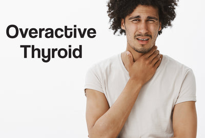 An image of a man holding the front of his neck and thyroid, with the text – Overactive Thyroid – also visible