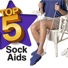 A large purple star with a gold-ish – Top 5 – on top of it. Below the star are the words – Sock Aids. To the right of the star is the bottom half of a man. He is sitting in a chair and pulling up a sock via a sock aid