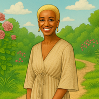 An illustration of Trisha Goddard standing in front of a garden scene