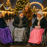 Three wheelchair users wearing warm wheelchair leg cosies enjoying a magical, festive Christmas market with bright lights and decorations on a snowy evening