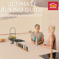 Two friends in the kitchen with text above reading 'Ultimate Buying Guide Kitchen & Dining Aids'