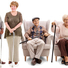 2 men and 2 women – all four are holding walking sticks. One man and one woman are sitting in armchairs