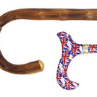 A close-up of a classic, wooden walking stick alongside a funky, modern one that is covered with Union Jacks