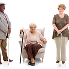 Three adults with two sitting and one is in an armchair. All three are holding walking sticks