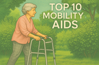 A woman holding a walking frame in a countryside setting