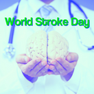 Text reads World Stroke Day, with a doctor holding a model of a brain