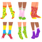 An illustration of six pairs of colourful and fun socks