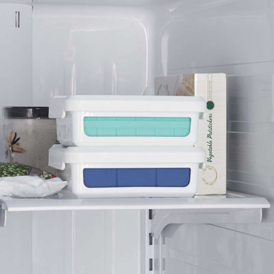 Two stacked plastic storage containers in fridge