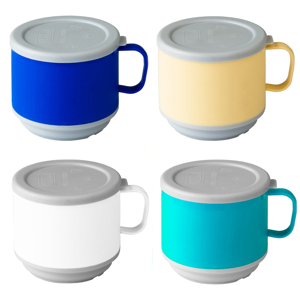 All colours of mugs with light grey lids on