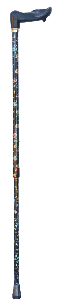 the image is a full lengh photo of the adjustable orthopaedic cane in black floral