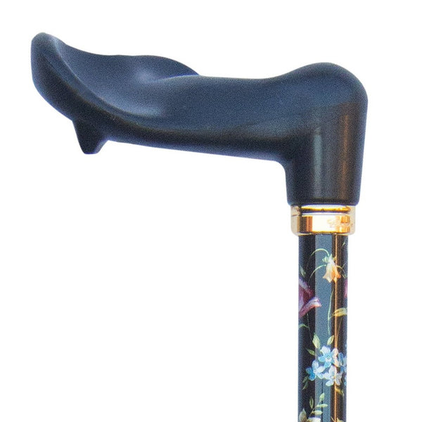 the image shows a close up of the adjustable orthopaedic cane in black floral