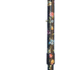 the image is a full length photo of the adjustable orthopaedic cane with a black floral pattern