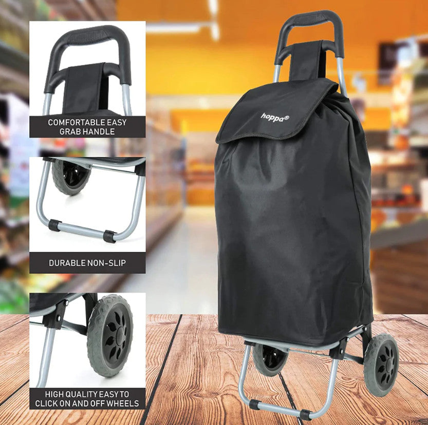 The Hoppa 47 Lightweight Shopping Trolley with its 3 features: Comfy easy grab handle, Durable Non-Slip, and High quality easy to click on and off wheels