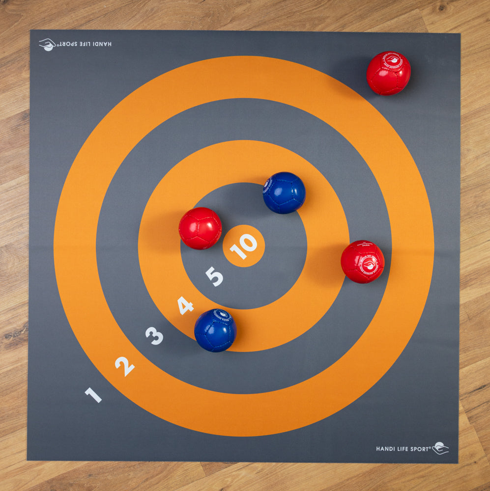 Handi Life Sport Floor Target Mat with boccia balls placed on it