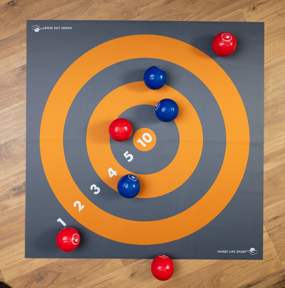 Handi Life Sport Floor Target Mat with boccia balls placed on it