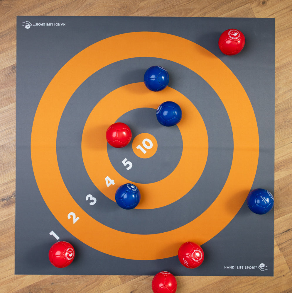 Handi Life Sport Floor Target Mat with boccia balls placed on it