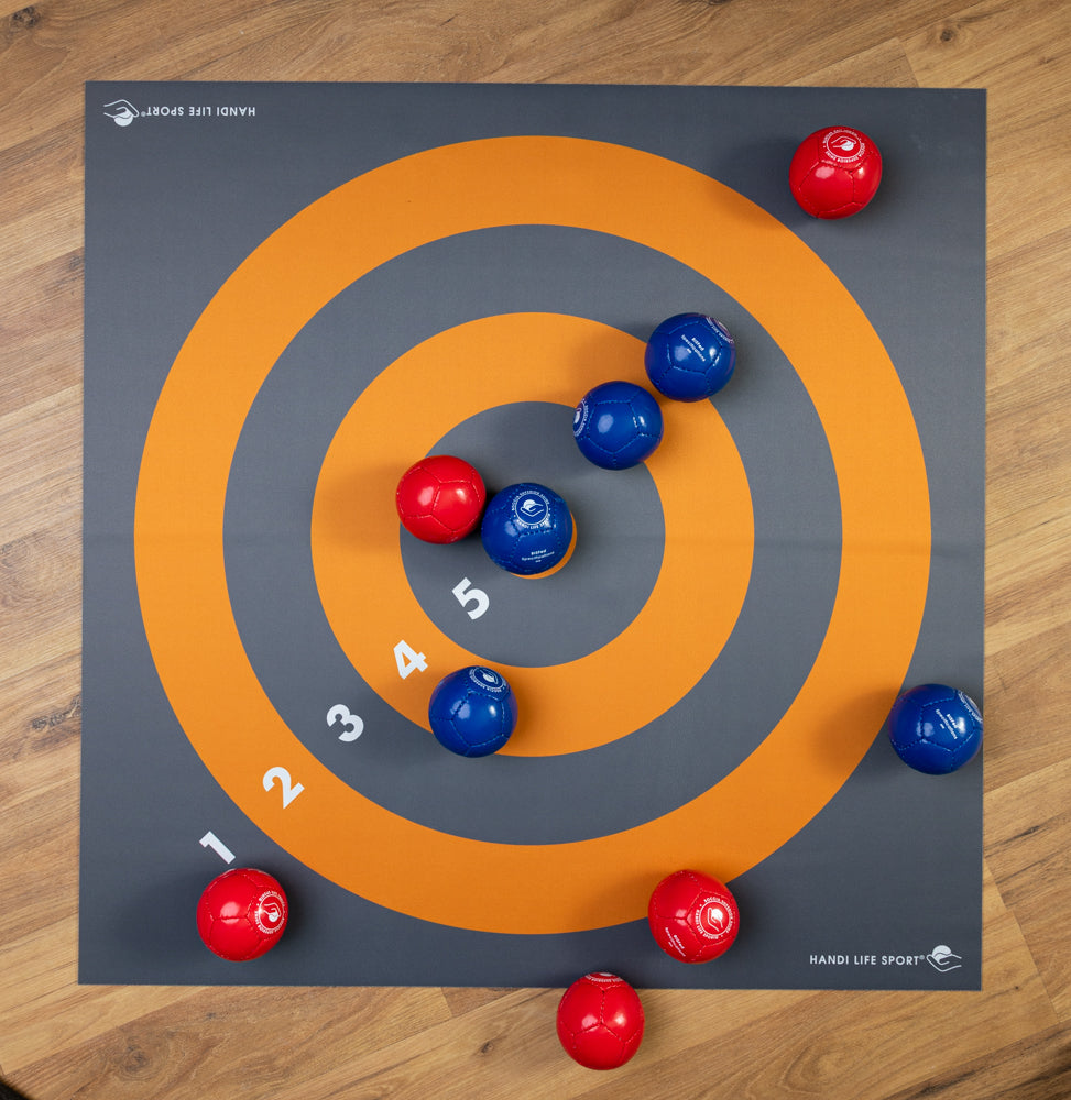 Handi Life Sport Floor Target Mat with boccia balls placed on it