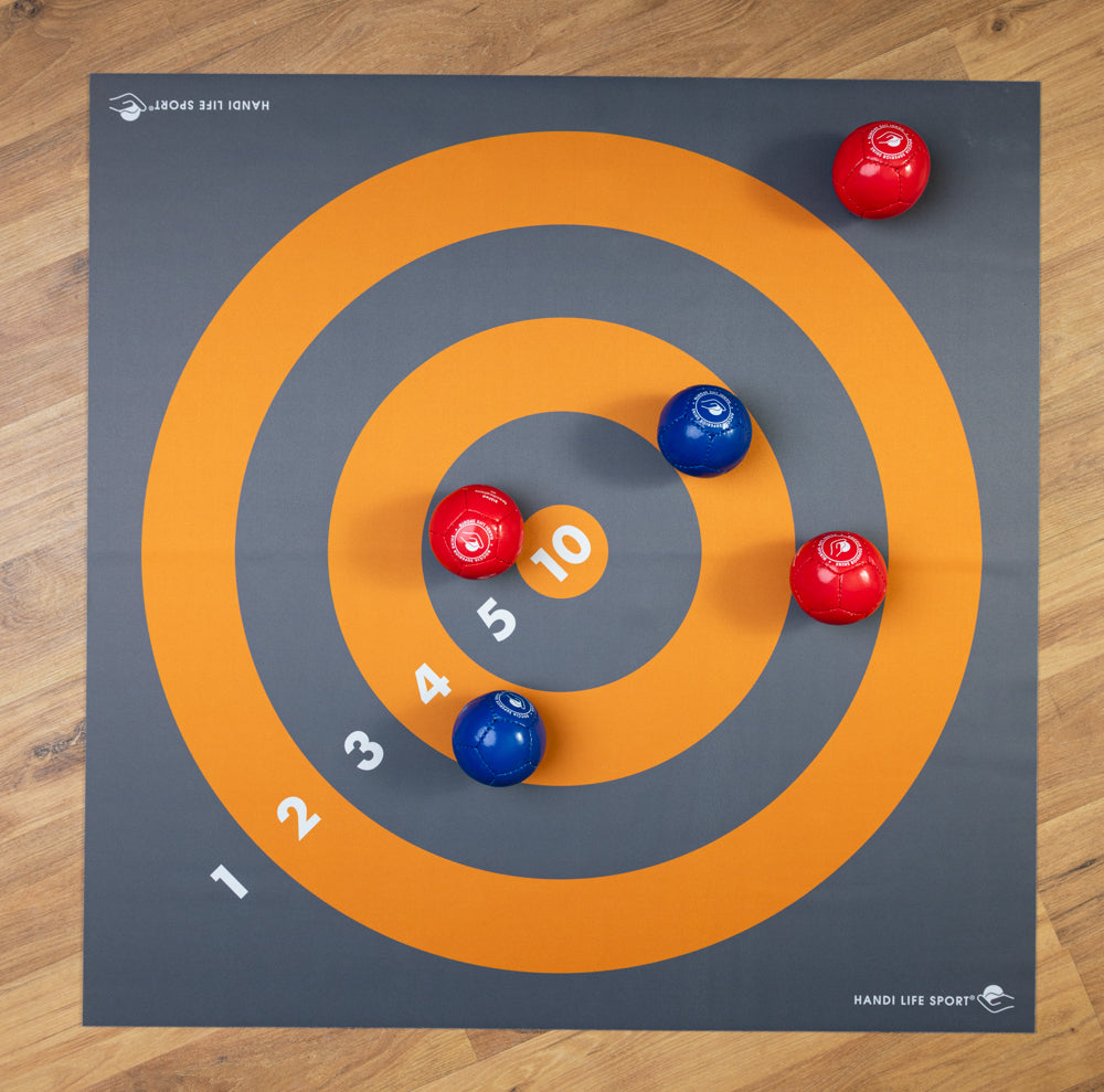 Handi Life Sport Floor Target Mat with boccia balls placed on it