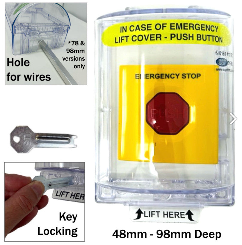 Secure Emergency Stop Button Cover with key and plastic breakable lock