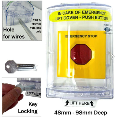 Secure Emergency Stop Button Cover with key and plastic breakable lock