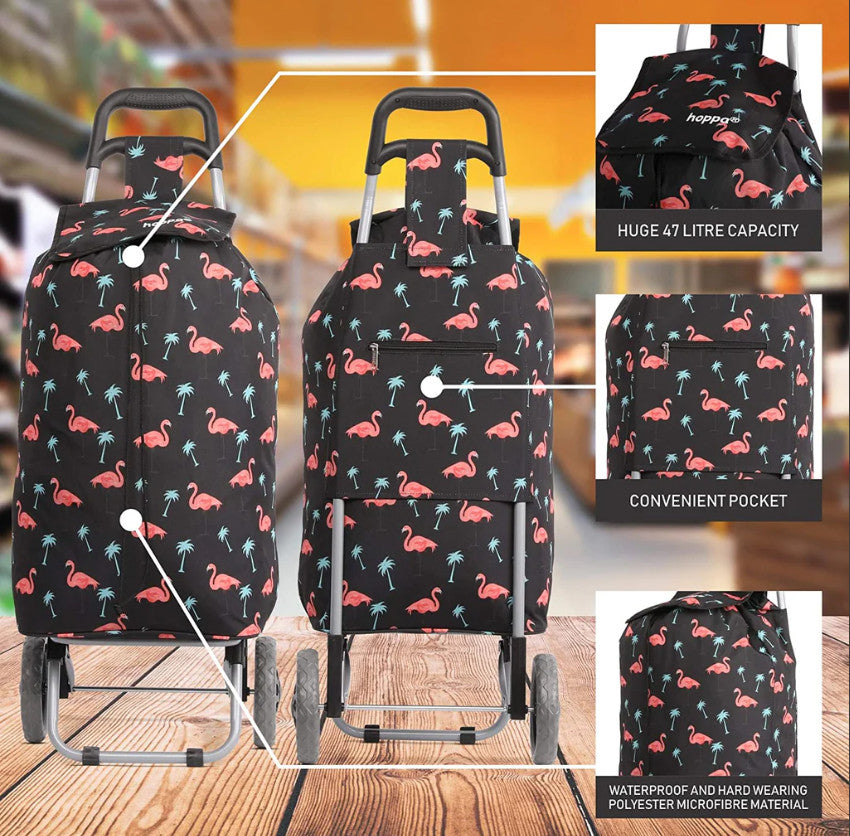 the image shows the hoppa 47 flamingo shopping trolley with three features; 47 litre capacity, convenient pocket and waterproof and hard wearing polyester microfibre material