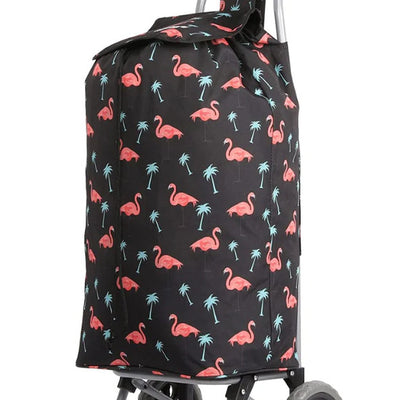 the image shows the hoppa 47 litre lightweight shopping trolley with a flamingo pattern