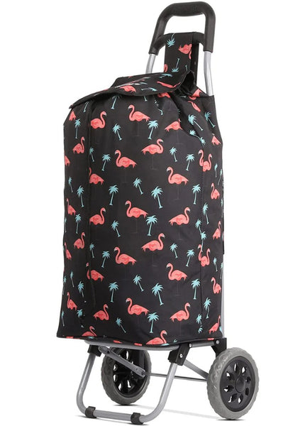 the image shows the hoppa 47 litre lightweight shopping trolley with a flamingo pattern