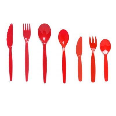 Set of 5 Red Adaptive Utensils - Stainless Steel Knife, Rocker Knife, Fork, Soup Spoon, Dinner Spoon