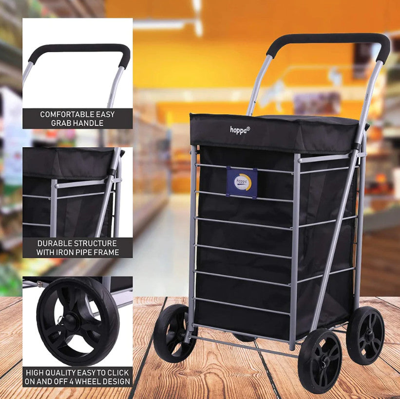 Three key features of the Trolley, Comfy easy grip handle, durable structure with iron pipe frame, high quality easy to click on and off 4 wheel design