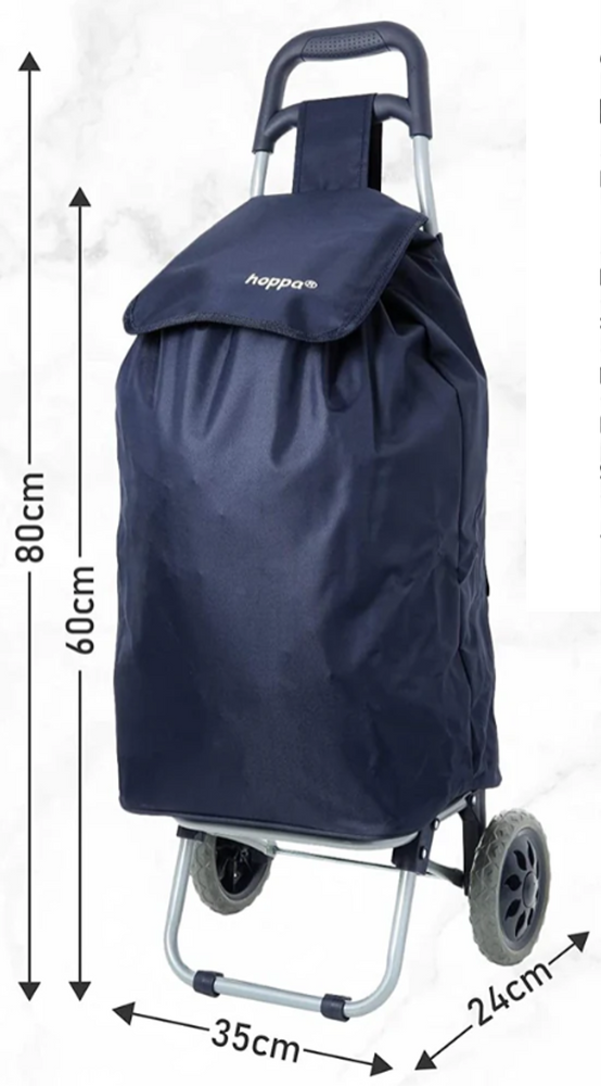 the image shows the hoppa 47 litre lightweight shopping trolley in blue