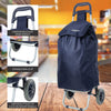 the image shows the hoppa 47 trolley in blue with three highlighted features; comfy grab handle, durable non slip, and high quality easy to click on and off wheels