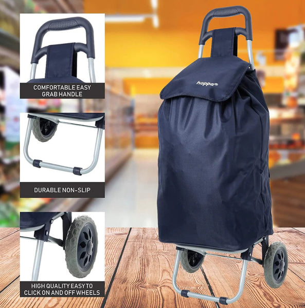the image shows the hoppa 47 trolley in blue with three highlighted features; comfy grab handle, durable non slip, and high quality easy to click on and off wheels
