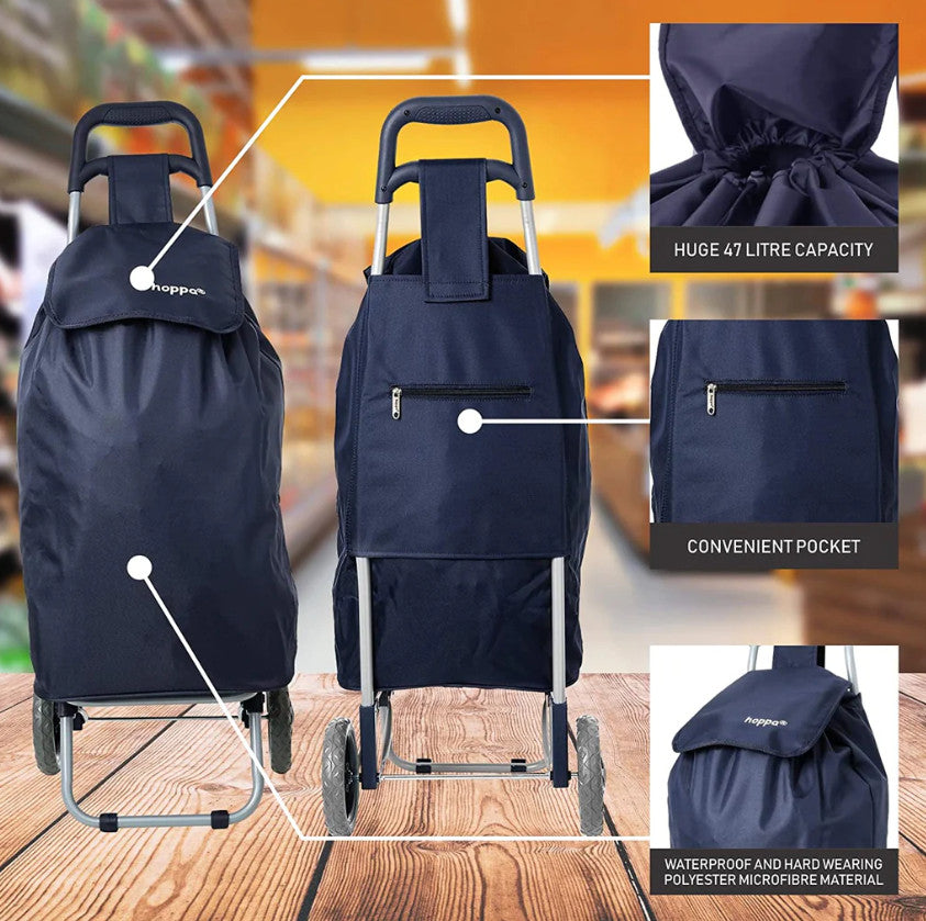 the image shows 3 features of the hoppa 47 shopping trolleys; huge 47 litre capacity, convenient pocket and waterproof and hard wearing polyester microfibre material