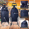 the image shows 3 features of the hoppa 47 shopping trolleys; huge 47 litre capacity, convenient pocket and waterproof and hard wearing polyester microfibre material