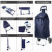the image shows the 6 simple assembly instructions; unpack, remove back ends, push on wheels until they click, fold out metal base and stand, stand it up, pull the bag out