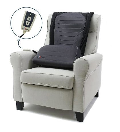 The Sit N Stand Portable Rising Seat on a grey armchair with a close up of the Remote control pad