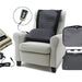 The Sit N Stand on a grey armchair, with close up images of the remote control, battery, charger, carry bag, and cover