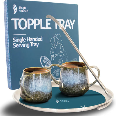 A Topple Tray with two dual handled mugs on it, next to the Topple Tray box