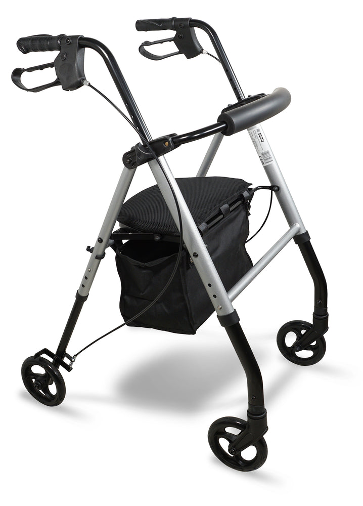 The Silver coloured Lightweight Four Wheeled Rollator