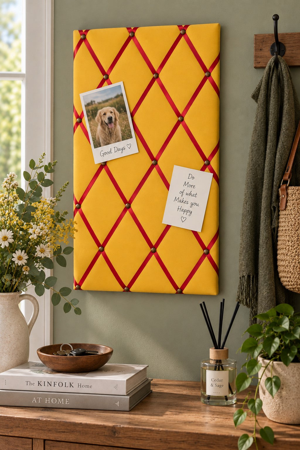 Fabric Notice Board - Yellow with Red Ribbons
