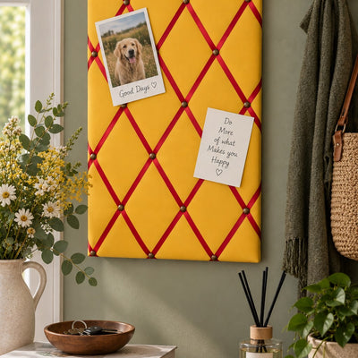 Fabric Notice Board - Yellow with Red Ribbons