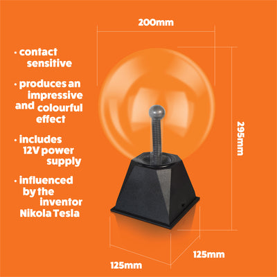 Contact Sensitive 8 Inch Plasma Ball - contact sensitive, produces an impressive and colourful effect, includes 12v power supply, influenced by the inventor Nikola Tesla. 200mm x 295mm x 125mm