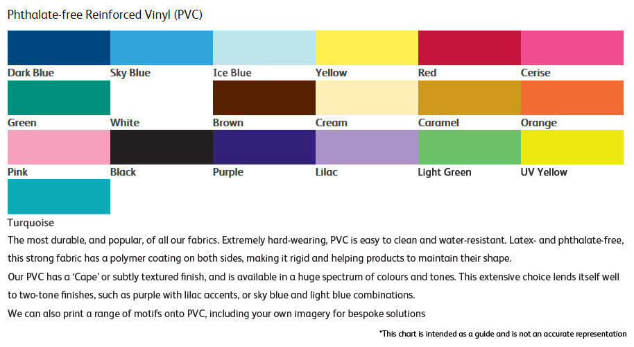 Colour Chart available colours - dark blue, sky blue, ice blue, yellow, red, cerise, green, white, brown, cream, caramel, orange, pink, black, purple, lilac, light green, UV yellow, turquioise